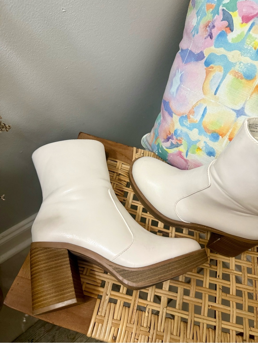 Women's Cream Block Heel Ankle Boots